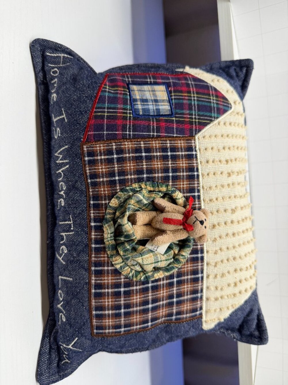 Vintage Teddy Bear pillow with saying, "home is where they love you"
